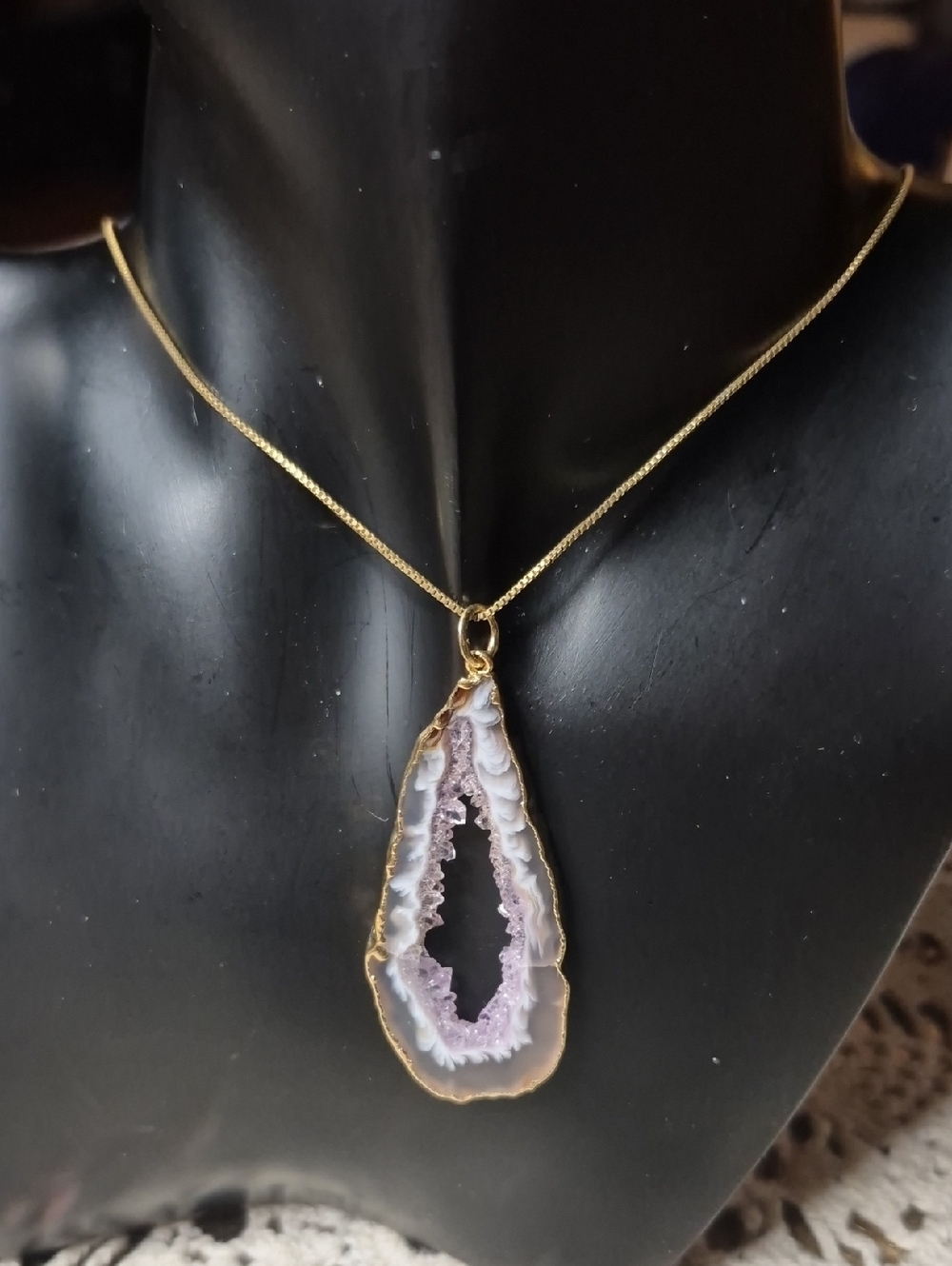 Gold-Trim Lavender Agate Slice Pendant Necklace